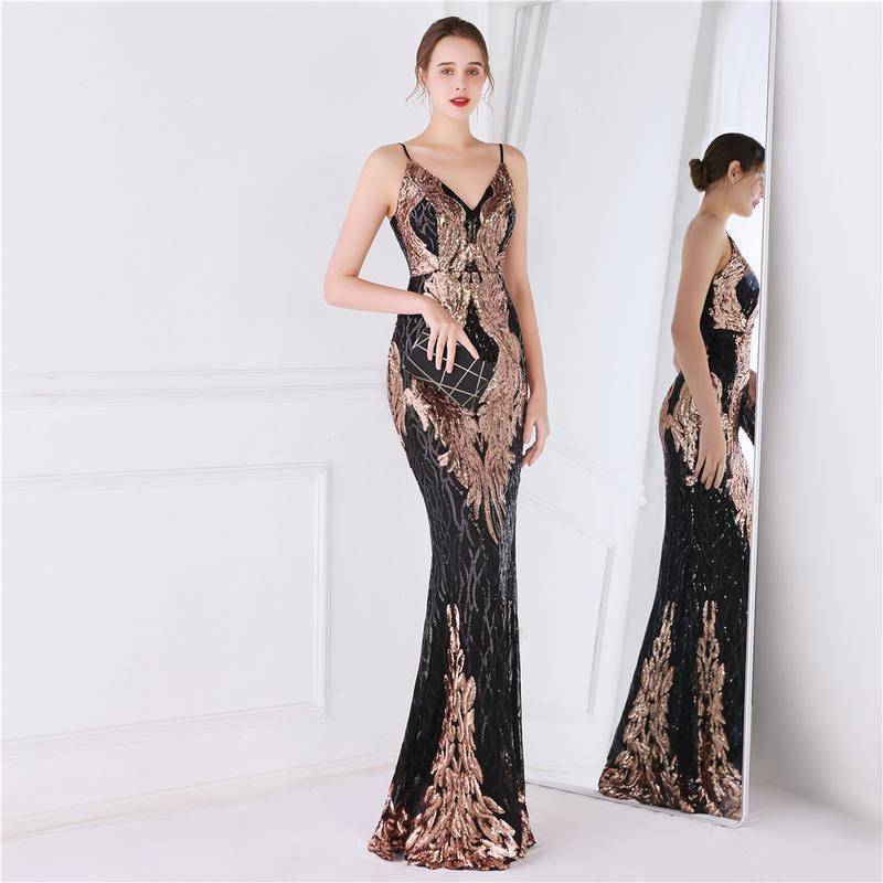 Partysix 2022 New Women Strap Party Maxi Dress Sexy V Neck Evening Dress Black Silver Sequin Dress Long Prom Dress 18800 Bleščeča svečana obleka Erin