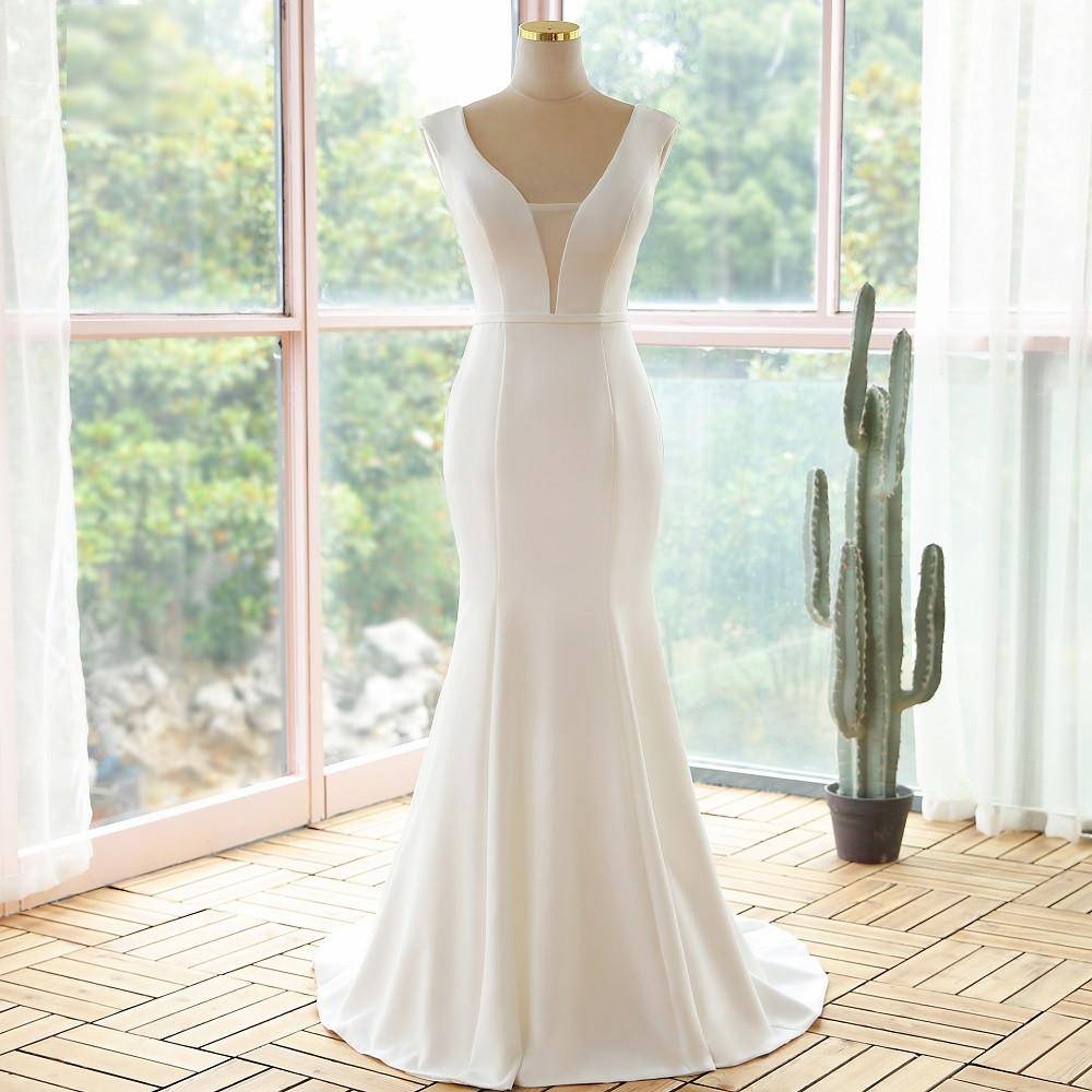 Elegant Sexy Deep V Neck simple style mermaid wedding dresses robe de mariee bride dress marriage dress vestido novia Elegantna satenasta poročna obleka Bella