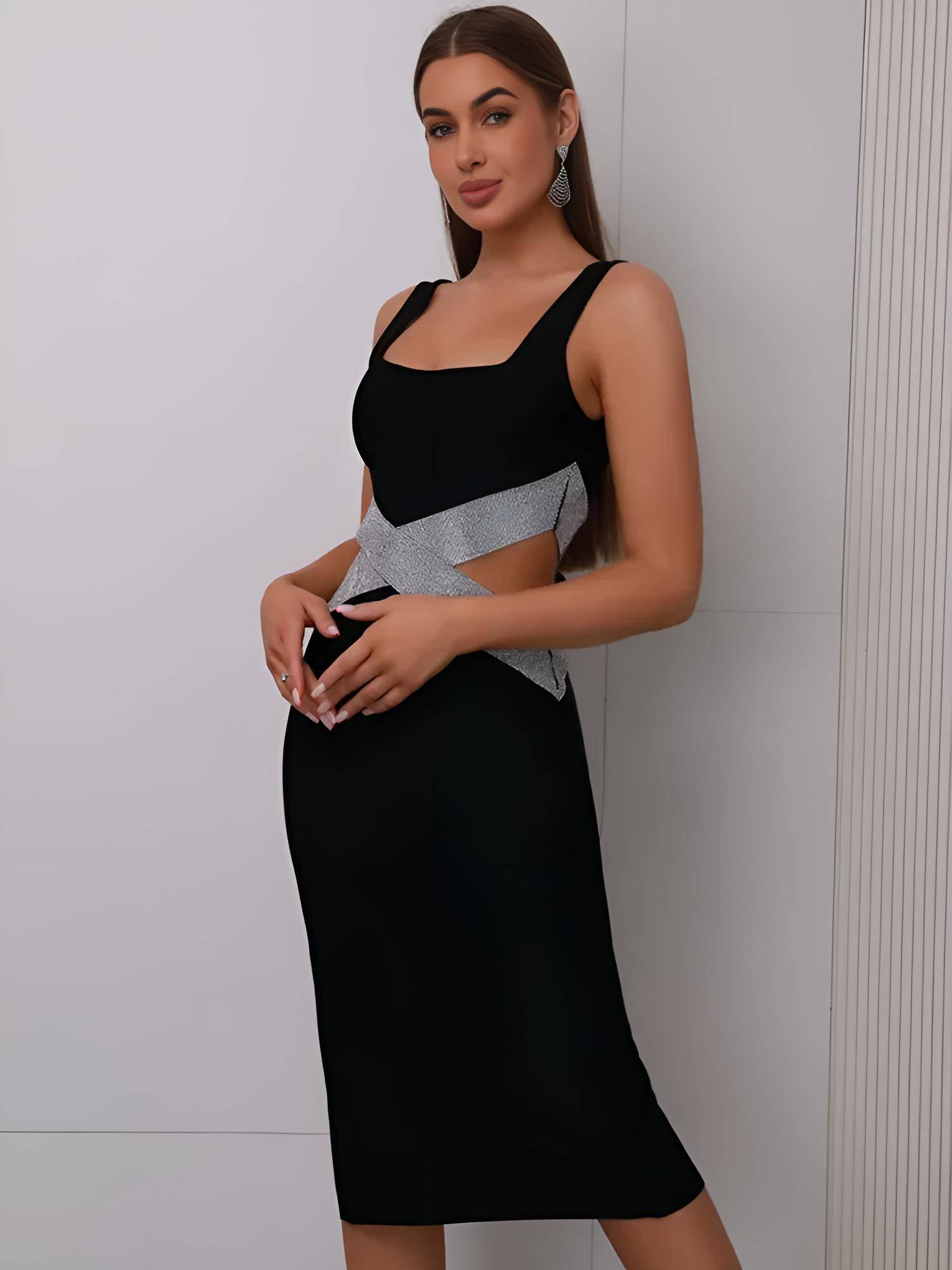 Izzy (6)_restored Women Celebrity Sexy Backless V Neck Cutout Diamonds Black Hot Pink Midi Bandage Dress 2023 Elegant Evening Club Party Dress