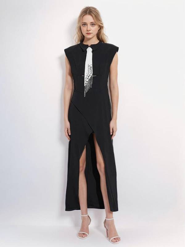 Untitled (600 x 800 px) TWOTWINSTYLE Colorblock Patchwork Tassel Split Dress For Women Lapel Sleeveless High Waist Elegant Slimming Dresses Female New