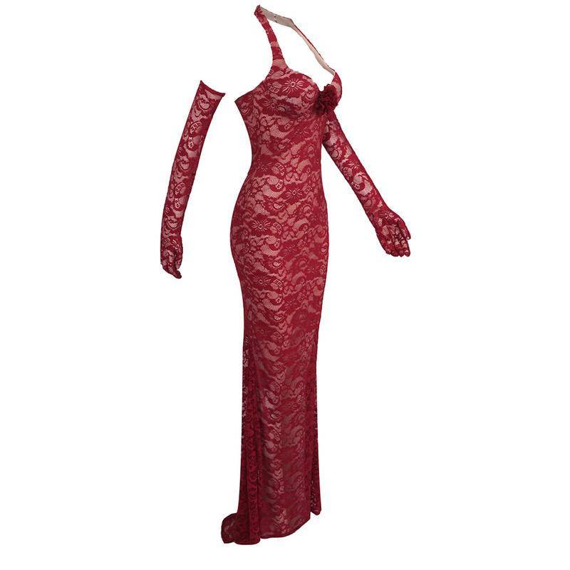 VC Burgundy Mermaid Women Evening Dress Sexy Halter 3D Flower Details Embroidery Prom Party Gowns With Gloves Vestidos VC Burgundy Mermaid Women Evening Dress Sexy Halter 3D Flower Details Embroidery Prom Party Gowns With Gloves Vestidos