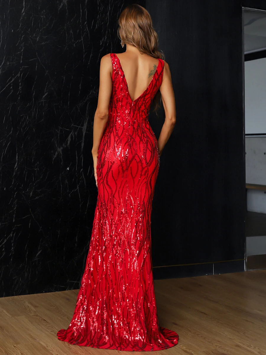 Missord New Chic Elegant Woman Dress V Neck Sequin Split Evening Gown Wedding Birthday Party Formal Occasion Maxi Dresses Missord – nova elegantna ženska obleka z V-izrezom, bleščicami in razporom; večerna obleka za poroke, rojstnodnevne zabave in druge slovesne priložnosti; maxi obleke